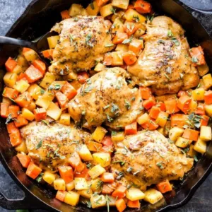 a cast iron skillet with roasted cubed root vegetables with baked chicken thighs in an apricot jam glaze